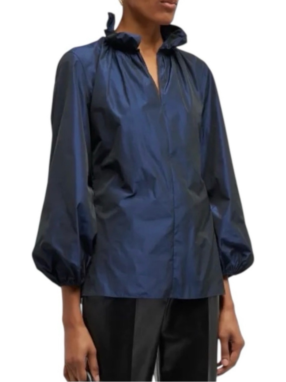 Perfect AKRIS PUNTO Blue Taffeta Ruffle Neck Blouse RTL $695